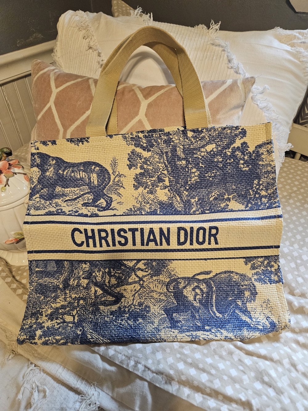 Dior Blue and Beige Toile Shopper Tote
